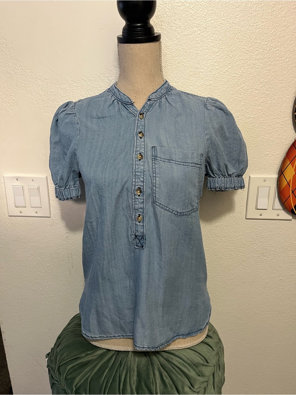 For The Republic Light Blue Puff Sleeve Chambray Henley